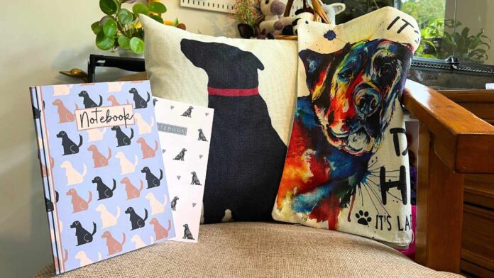 photo of a selection of labrador themed gifts on my chair