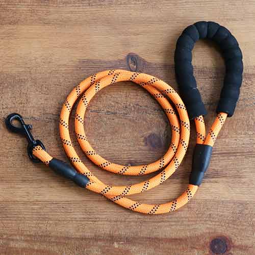 Photo of an orange Taglory dog leash on a wooden table